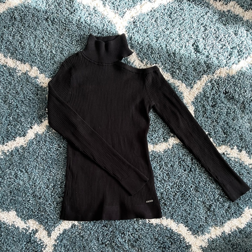 DKNY Open Shoulder Knit Turtleneck, black, size Medium